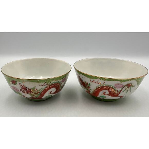 Antique Chinese Porcelain Dragon & Phoenix Soup Rice Bowls - Picture 4 of 11